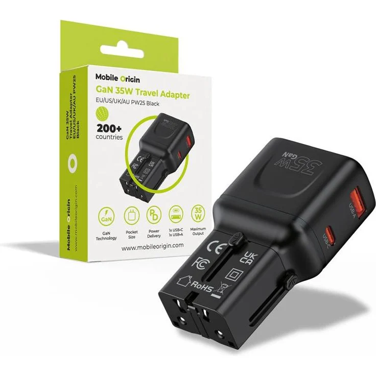 Mobile Origin PW25, Mobiler Reiseadapter 35W, EU/US/UK/AU Steckdosen kompatibel, 2x USB-Ports, schwarz