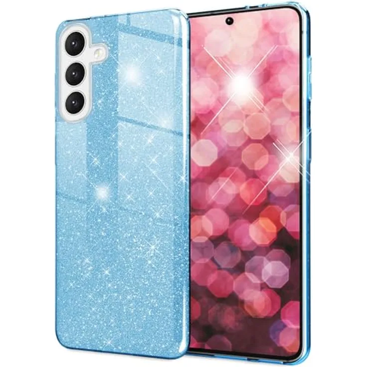 NALIA Stabile Glitzerhülle für Samsung Galaxy S24, Glänzende Hybrid Schutzhülle in Blau, Stoßfest und mit Anti-Kratz Schutzrand