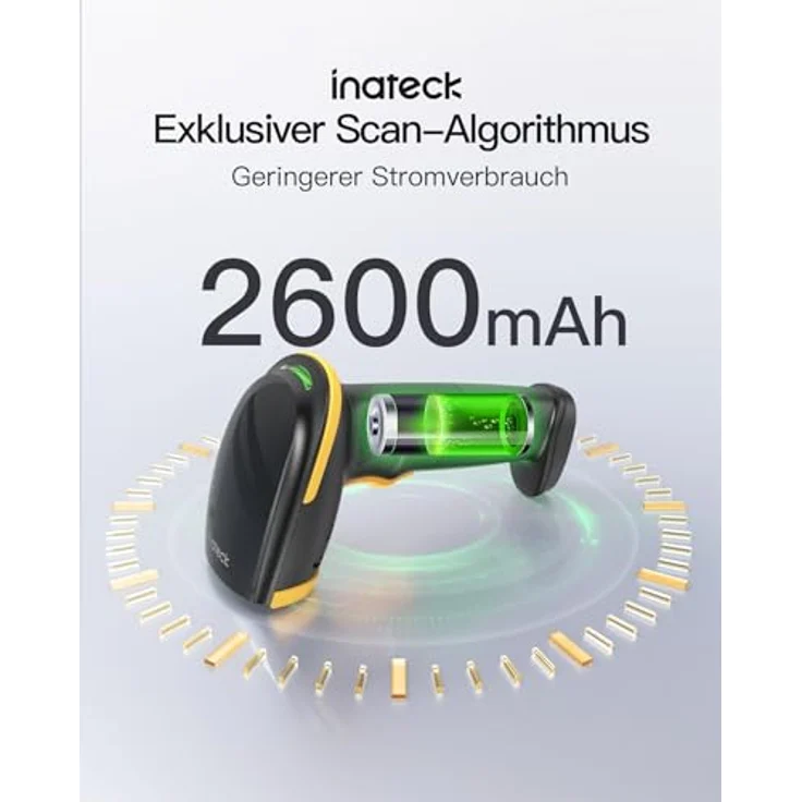 Inateck BCST-35, Kabelloser 2D Barcode Scanner mit 2600mAh Akku und intelligentem Ständer, Bluetooth und APP Unterstützung, gelb – Bild 3