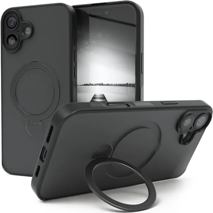 EAZY CASE Qi Charging Handyhülle für iPhone 16 Plus, Matte Schutzhülle mit 360° Ring, ultra stoßfest und kratzfest, schwarz – Bild 1