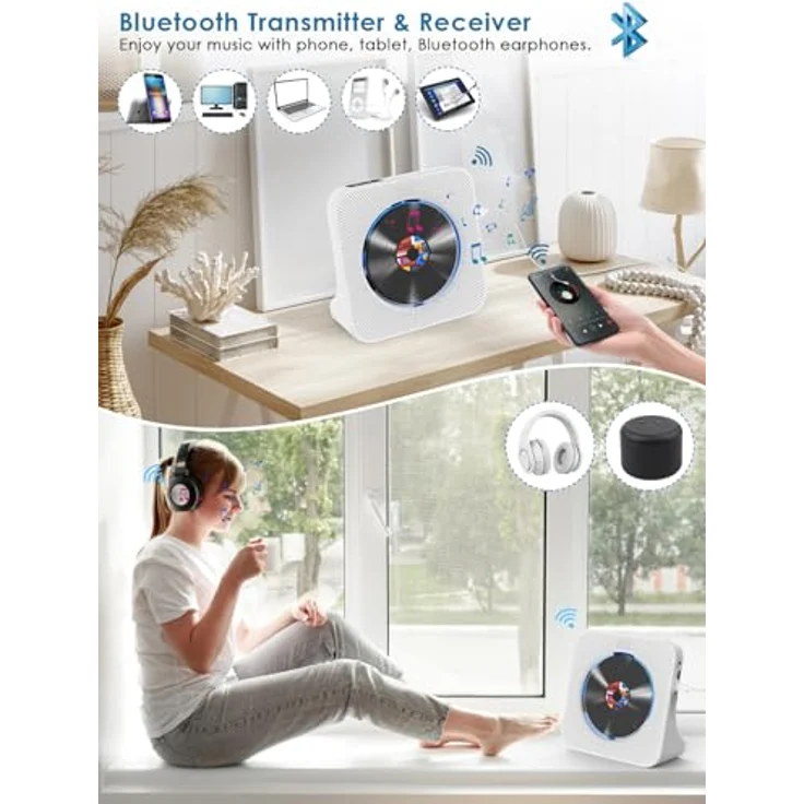 Gueray Multifunktionaler CD Player mit Bluetooth 5.0, FM-Radio und Lautsprecher, Weiß – Bild 2