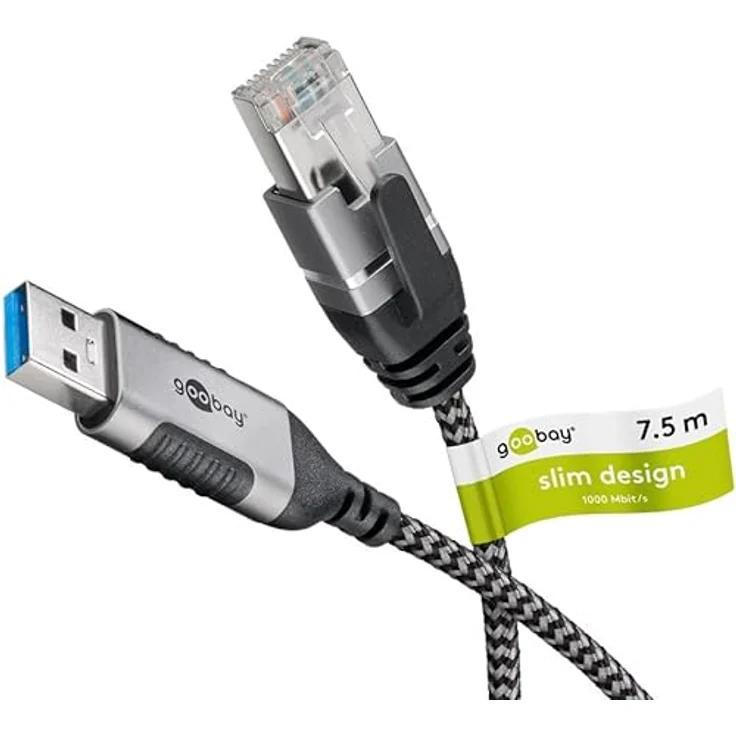 Goobay Ethernet-Kabel USB-A 3.0 auf RJ45 Slim, 7.5 m, CAT 6, bis 1 Gbit/s, schwarz-silber – Bild 1