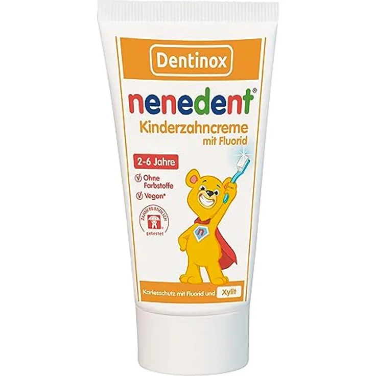 NENEDENT Kinderzahncreme mit Fluorid, 50 ml, Himbeer-Erdbeer-Pfefferminz-Aroma, 1.000 ppm Natriumfluorid, 13 % Xylit, ohne Natriumlaurylsulfat und Konservierungsstoffe, 2-6 Jahre