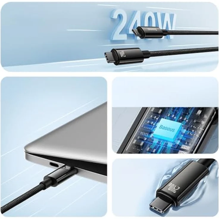 Baseus Tungsten Gold USB Type-C zu USB Type-C Kabel, 240 W, 480 Mbit/s, 3 m, Schwarz – Bild 8