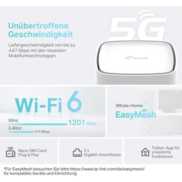 TP-Link Archer NX200 LTE WLAN Router, 5G Router SIM-Karte, AX1800 Dualband-WLAN 6, 3 x Gigabit-Ports, MU-MIMO, Web- und APP-Verwaltung, Plug-and-Play – Bild 3