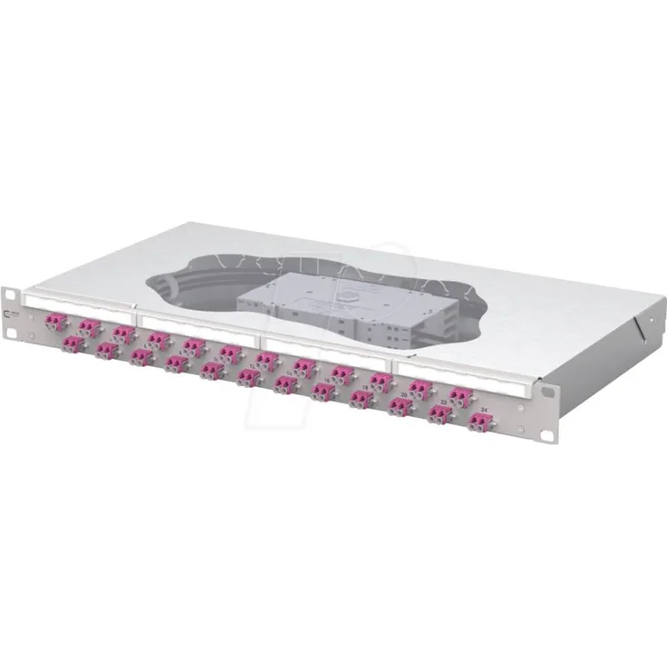 Metz Connect OpDAT fix2 Patchfeld, 24xLC-D OM4, 19 Zoll 1 HE, Lichtgrau, werkzeugloses Öffnen, mehrere Kabeleingangsmöglichkeiten