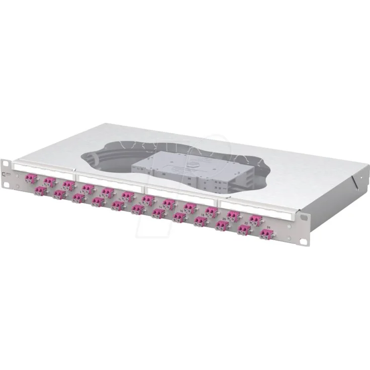 Metz Connect OpDAT fix2 Patchfeld, 24xLC-D OM4, 19 Zoll 1 HE, Lichtgrau, werkzeugloses Öffnen, mehrere Kabeleingangsmöglichkeiten
