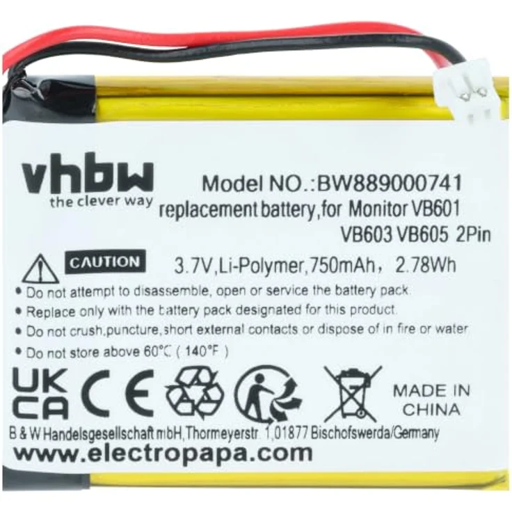 vhbw Akku kompatibel mit Floureon VB603, VB605, VB601 Babyphone, 750 mAh, 3,7 V, Li-Polymer, wiederaufladbar, Überhitzungs- und Kurzschlussschutz – Bild 5