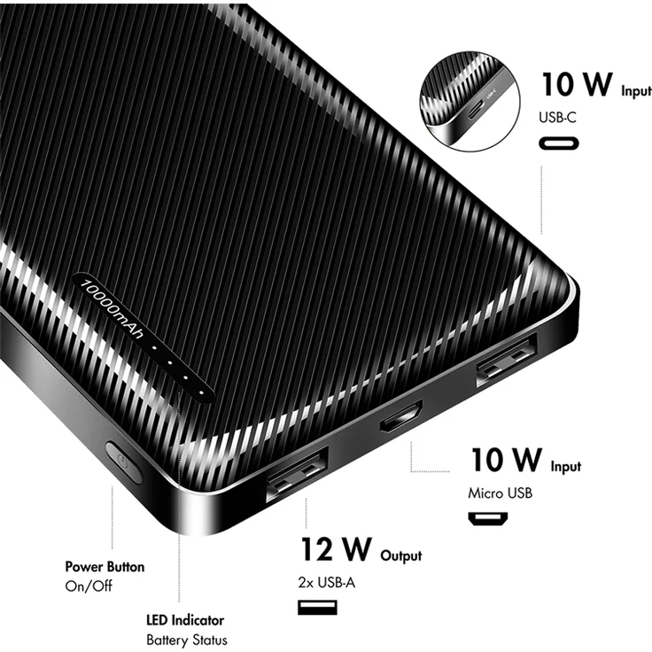 LogiLink Mobiler Zusatzakku 10.000 mAh, Powerbank mit 2x USB-A Anschlüssen, schwarz