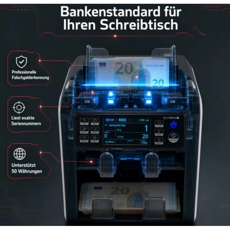 OLYMPIA Banknotenzähler NC 800, bis zu 1.000 Banknoten pro Minute, zuverlässige Falschgelderkennung mit 2 CIS-Sensoren und LED-Display – Bild 5