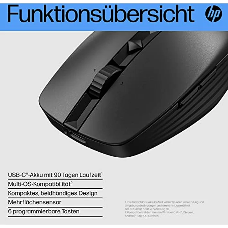 HP 710 Maus | wiederaufladbar via USB-C | 6 Tasten | 3.000 dpi | geräuschlos | bis zu 90 Tage Akkulaufzeit | 2,4-GHz-Dongle oder Bluetooth | 84 g | Schwarz - Preisvergleich – Bild 4