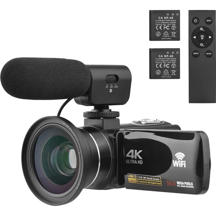 Lixada 4K-Digitalvideokamera, WLAN-Camcorder mit 18-fachem Digitalzoom, 56 MP, IR-Nachtsicht, Anti-Shake, 3,0 Zoll IPS-Touchscreen, 2 Batterien, externes Mikrofon und Tragetasche