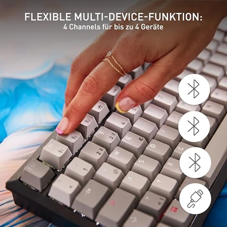 CHERRY KW 300W MX, Mechanische Tastatur mit Cherry MX2A Silent Red Switches, Kabellos & Kabelgebunden, USB + Bluetooth, LED, 75%-Formfaktor, Schwarz / Kupfer / Grau – Bild 6