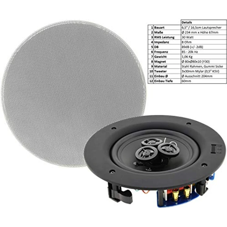 Einbaulautsprecher ''CTE-30W '', 2-Wege 80W, 8Ohm, 234x67mm, Rund, weiß – Bild 3