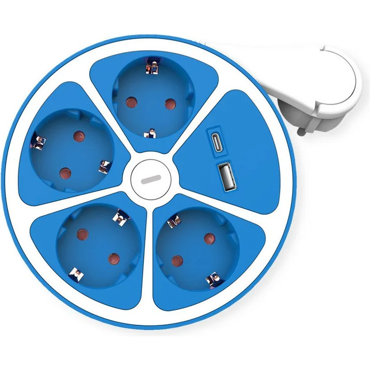 ROLINE 4-fach Steckdosenleiste mit Schalter, rund Steckdosenleiste (Kabellänge 3 m), + Fast Charger, 1x USB A+C - Blau