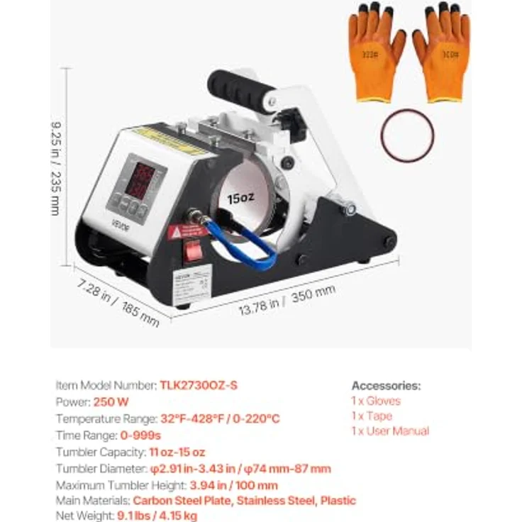 VEVOR Tassenpresse Becherdruckmaschine, Sublimationspresse für Becher 325-444ml, schnelle Aufheizzeit, einfache Temperatur- & Zeiteinstellung, weiß – Bild 7