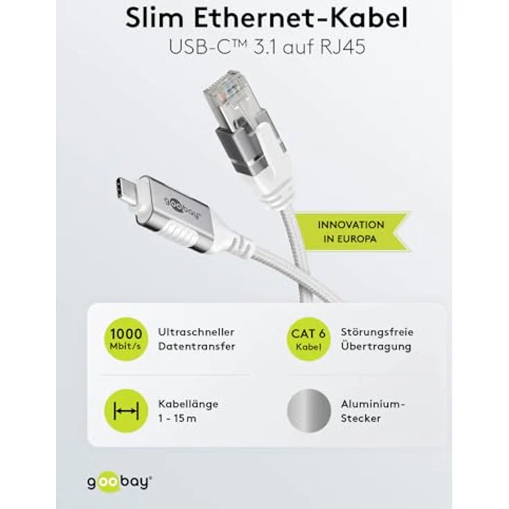 Goobay Ethernet-Kabel USB-C 3.1 auf RJ45 Slim, 7.5 m, CAT 6, 1 Gbit/s, weiß – Bild 2