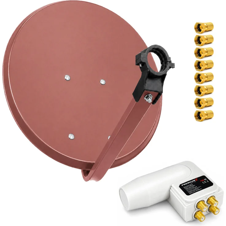 PremiumX SAT Anlage 80cm Ziegelrot, Hochleistungsantenne mit Quad LNB und 8x F-Stecker, wetterfest bis -40°C bis +60°C