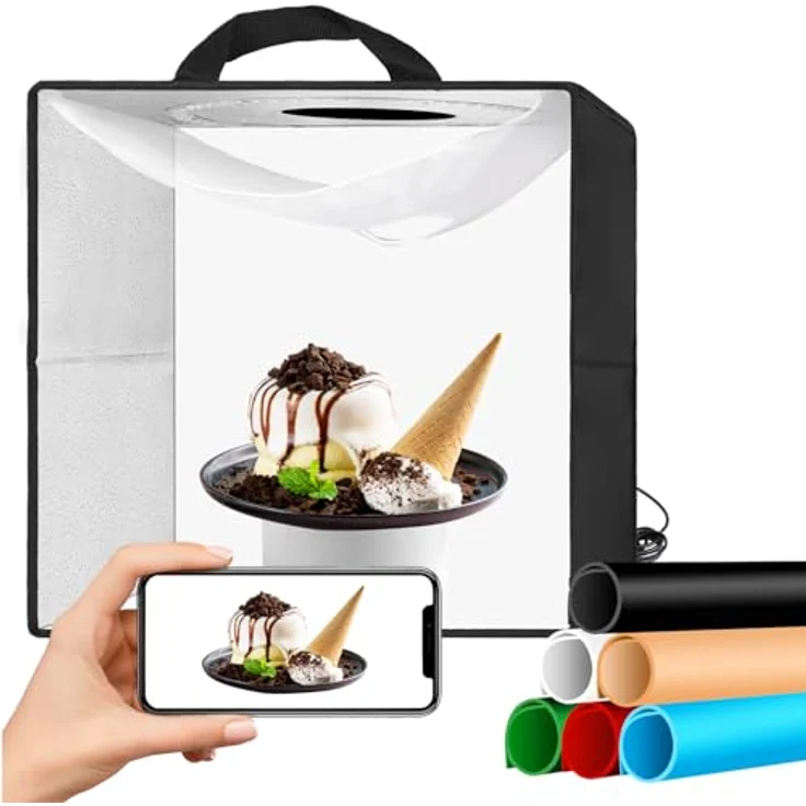 EMART Fotobox 40x40 cm, tragbare Fotostudio Lichtbox mit 144 LED-Lichtern, 6 wasserdichten PVC Hintergründen in Weiß/Schwarz/Grün/Rot/Orange/Blau für Produktfotografie – Bild 1
