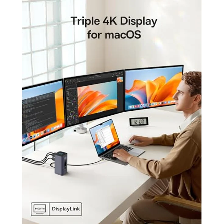 Baseus Spacemate Displaylink Docking Station USB C 11-in-1, 3 Monitore 4K, 10Gbps USB-C/A, 100W PD, Ethernet, Audio, für M1/M2/M3/Win und MacOS, vertikal, grau – Bild 2