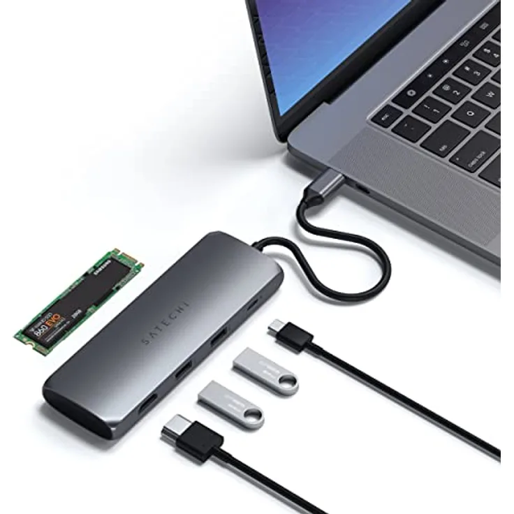 SATECHI USB-C Hybrid Multiport Adapter - Integrierter SSD-Speicher, 4K HDMI 60Hz, USB-C PD, USB-A 3.1 - Space Grau - Preisvergleich