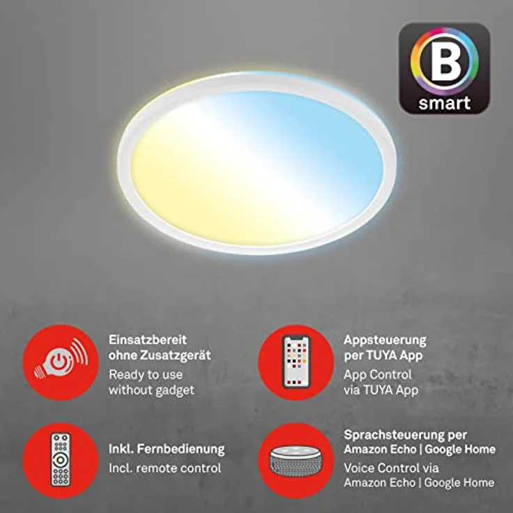BRILONER Leuchten - Smarte LED Deckenleuchte, funktioniert mit Amazon Alexa, WiFi Lampe, Backlight-Effekt, Farbtemperatursteuerung, dimmbare Deckenlampe Fernbedienung, LED Panel, weiß, Ø29,3 cm – Bild 3