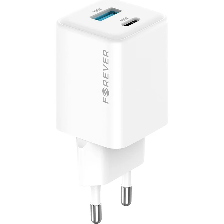 Forever TC-08 GaN Handy-Ladegerät, 45W, 1x USB-C, 1x USB-A, Power Delivery, Quick Charge, Weiß