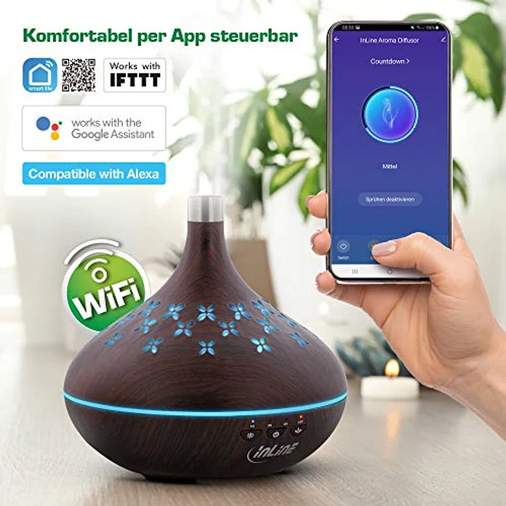 InLine 40154 SmartHome Ultraschall Aroma Diffusor, Luftbefeuchter, Ambientelicht, Google Home und Amazon Alexa kompatibel – Bild 3