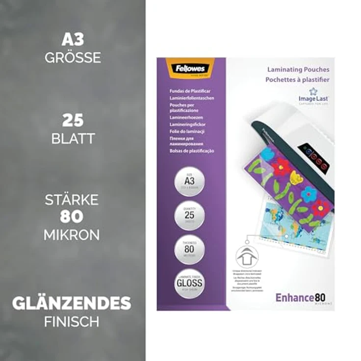 Fellowes Enhance80 ImageLast Laminierfolien, glänzend für A3, 80 micron, 25 St. – Bild 2