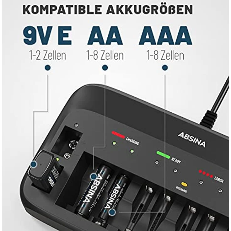 ABSINA X10 Ladegerät für 1-8AA-AAA & 1-2 9-V Akkus – Bild 2
