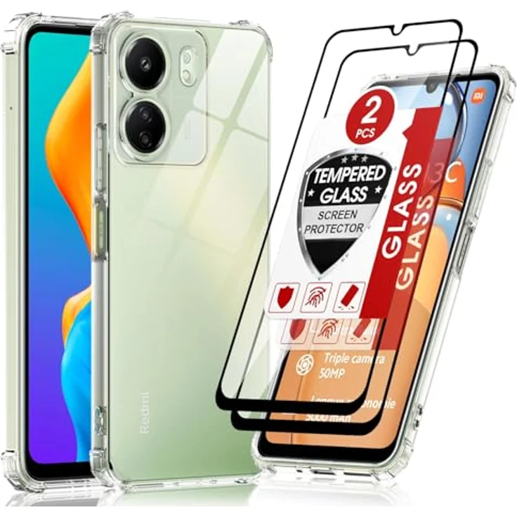 LeYi Hülle für Xiaomi Redmi 13C 4G, Transparente TPU Silikon Schutzhülle mit 2 Schutzfolien, Stoßfest und Dünn, Kameraschutz, Crystal Clear Cover Case – Bild 1