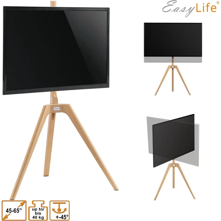 easylife STAFFELEI TV-Stativ 45-65", Schwenkbar VESA 400x400 (Weiß/Buche) TV-Ständer with Cable Management and Optional Wall Mount Safety Leash – Bild 1