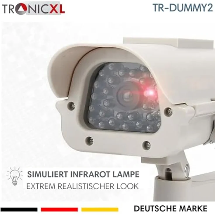 TronicXL 2 Stück Profi Solar Dummy Kamera Überwachungskamera Attrappe für Innen und Außen mit Blinkender IR LED, Hellgrau-Beiger Ton – Bild 4