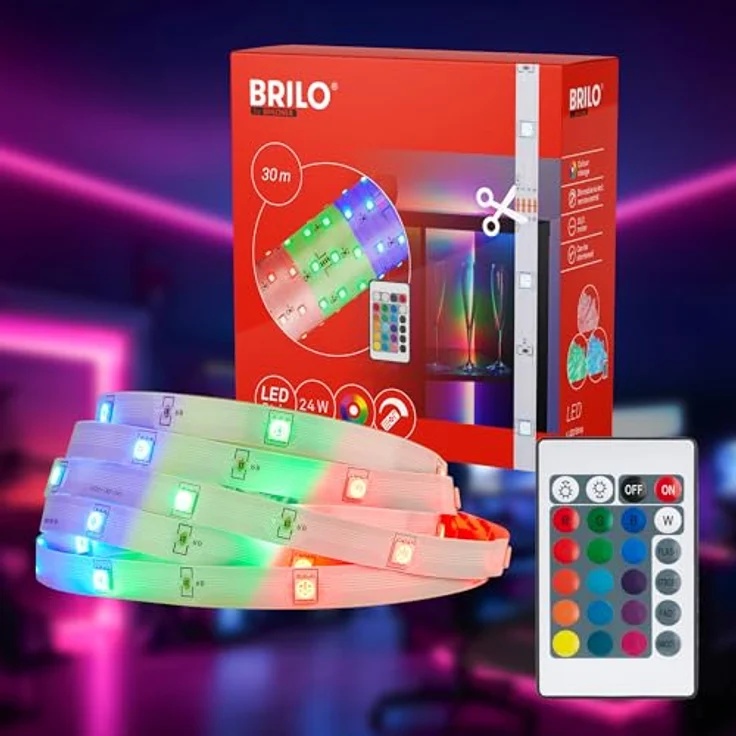 BRILONER LED Strip 30m, RGB bunte Lichtfarben mit Fernbedienung, selbstklebend, für Zimmer Deko und Gaming, weiß – Bild 1