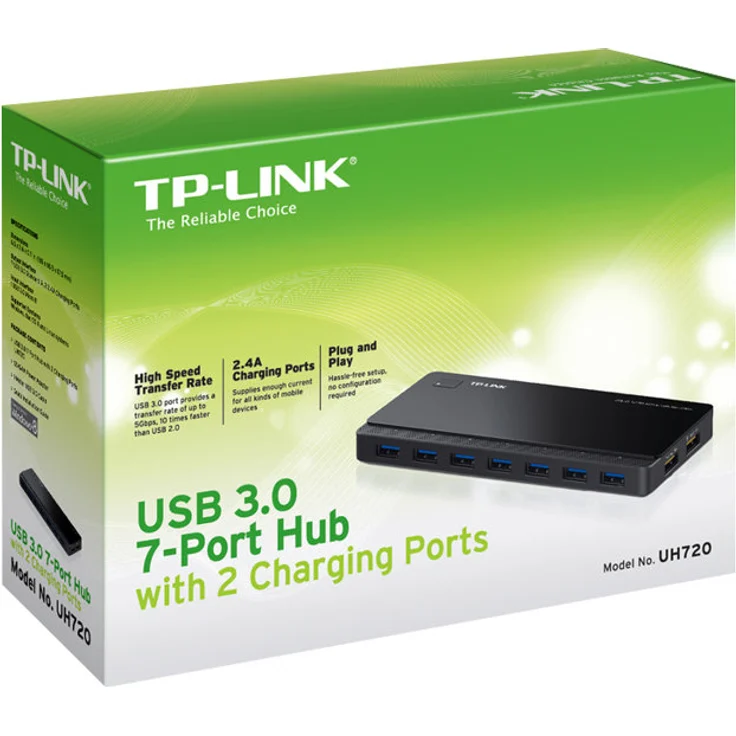 TP-Link UH720 7-Port USB 3.0 HUB + 2 Ladeports (2,4A) für Tablet und Smartphone, inklusive Netzadapter und USB 3.0 Kabel, bis zu 5 Gbit-s, Hot Swapping, unterstützt Windows, Mac OS, Linux, schwarz – Bild 2