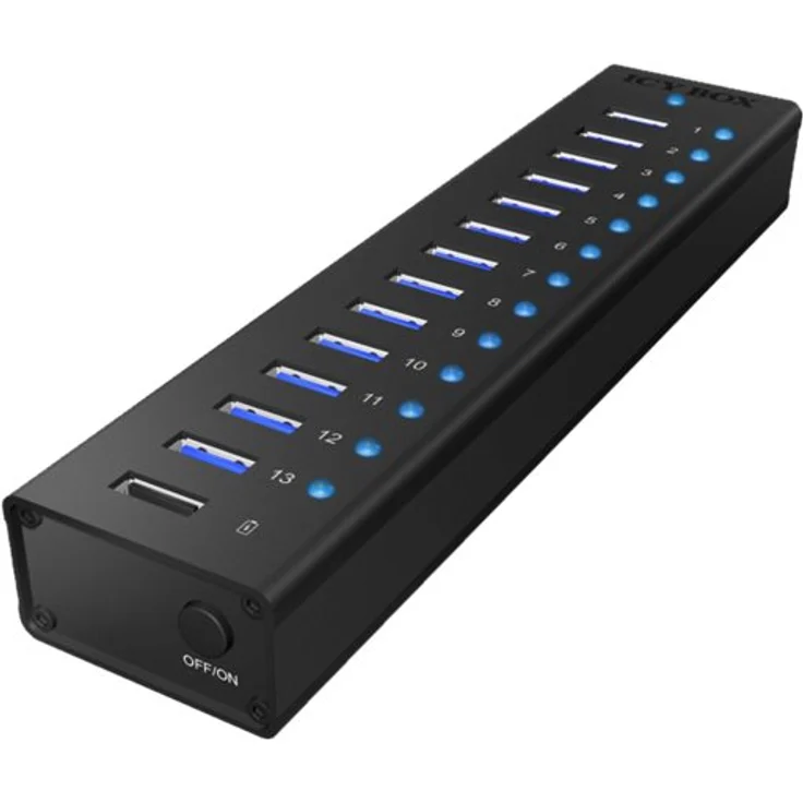 Icy Box IB-AC6113 13-fach USB 3.0 Hub mit 12 V - 5 A Stromadapter, Aluminiumgehäuse und USB-Ladeport schwarz – Bild 2