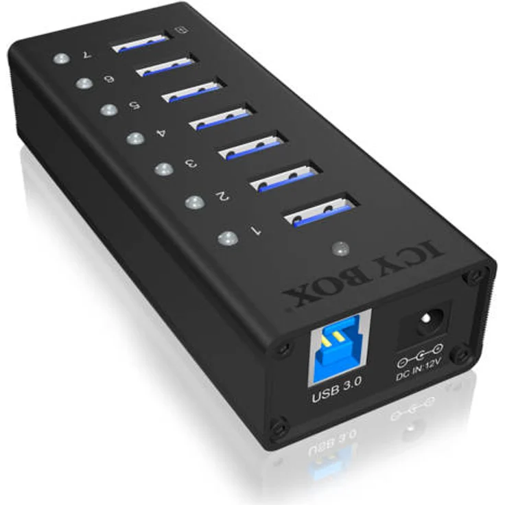 Icy Box IB-AC618 7-fach USB 3.0 Hub mit 12 V - 3 A Stromadapter, Aluminiumgehäuse und USB-Ladeport schwarz – Bild 2
