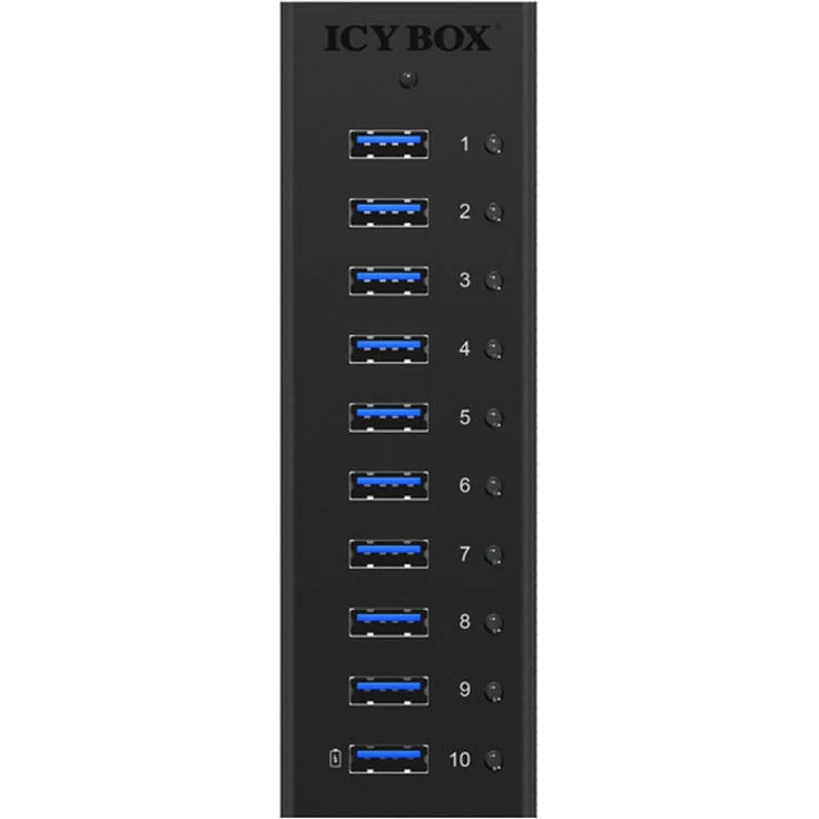 ICY BOX IB-AC6110 10-fach USB 3.0 Hub mit Netzteil (12V-4A), Ladeport, Voll-Aluminium, Klettbefestigung, Schwarz – Bild 2