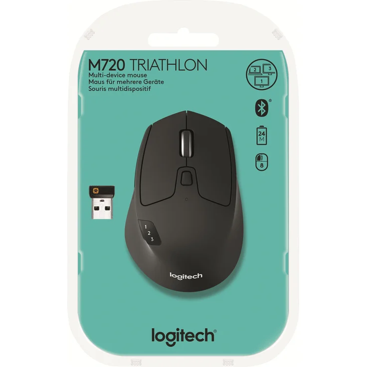 Logitech M720 Triathlon Kabellose Maus, Bluetooth & 2.4 GHz Verbindung via Unifying USB-Empfänger, 1000 DPI Sensor, 24-Monate Akkulaufzeit, Multi-Device, 8 Tasten, PC-Mac-iPadOS - Englische Verpackung – Bild 2
