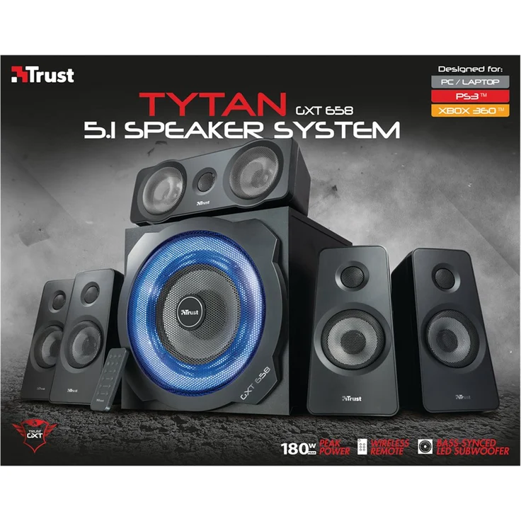 Trust Gaming GXT 658 Tytan 5.1 Surround PC-Lautsprecher Set mit Fernbedienung (180 Watt, LED Beleuchtung) Schwarz – Bild 2