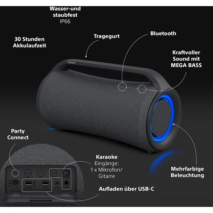 Sony SRS-XG500 Bluetooth-Lautsprecher mit BassBoost und Lichteffekten, IP66, schwarz – Bild 10