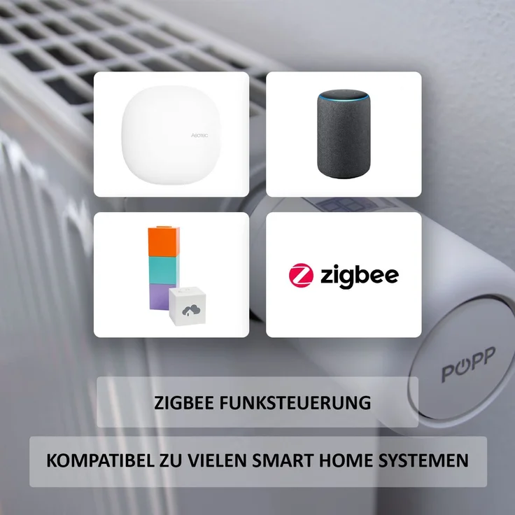 POPP ZigBee Heizungsthermostat, SmartThings & Amazon Alexa kompatibel - Heizungssteuerung via ZigBee Funk, Heizungsthermostat inkl. Adapter + Batterien, Heizkörperthermostat, weiß (POPZ701721) – Bild 6