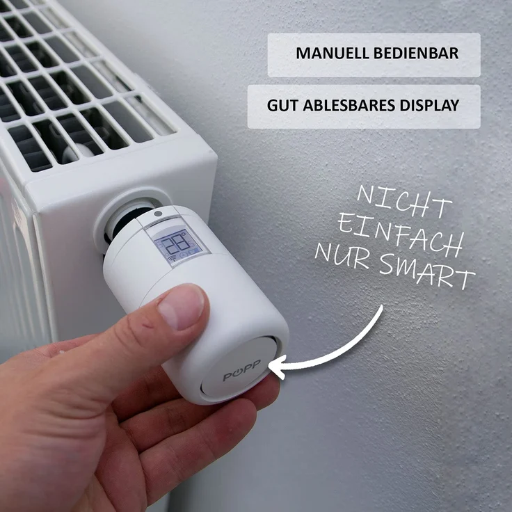 POPP ZigBee Heizungsthermostat, SmartThings & Amazon Alexa kompatibel - Heizungssteuerung via ZigBee Funk, Heizungsthermostat inkl. Adapter + Batterien, Heizkörperthermostat, weiß (POPZ701721) – Bild 4