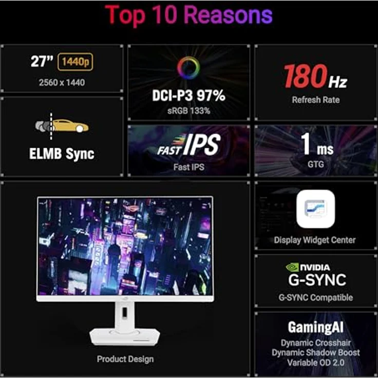ASUS ROG Strix XG27ACS-W - 27 Zoll WQHD Gaming Monitor - 180 Hz, 1ms GtG, G-Sync, FreeSync, ELMB, DisplayHDR 400 - Weiß – Bild 2