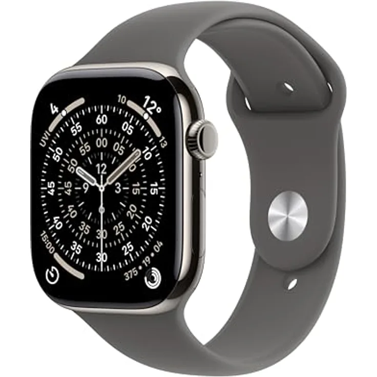Apple Watch Series 11 Cellular, 46 mm, Titangehäuse Natur, Sportarmband Grau - M/L