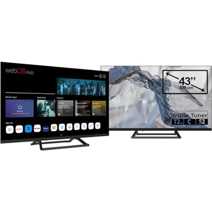 JTC-24 Rahmenloser 43" / 109 cm FHD Smart TV JTCS43F39432FLW, webOS Betriebssystem, Triple Tuner (DVB-T2,-S2,-C), 260 cd/m², schwarz