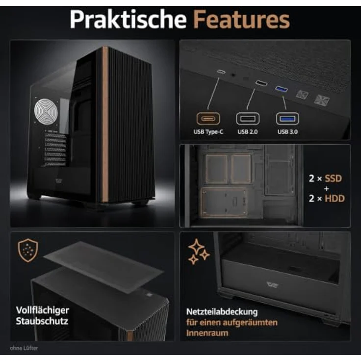 Darkflash DS900WS ATX Computer Case, Midi Tower Gehäuse, Schwarz, mit Tempered Glass und Platz für 12 Lüfter – Bild 5