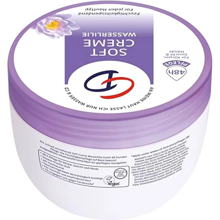 CD Soft Creme Wasserlilie 300 ml, 48h Feuchtigkeit für Körper, Gesicht und Hände, Mikroplastikfrei & vegan – Bild 4