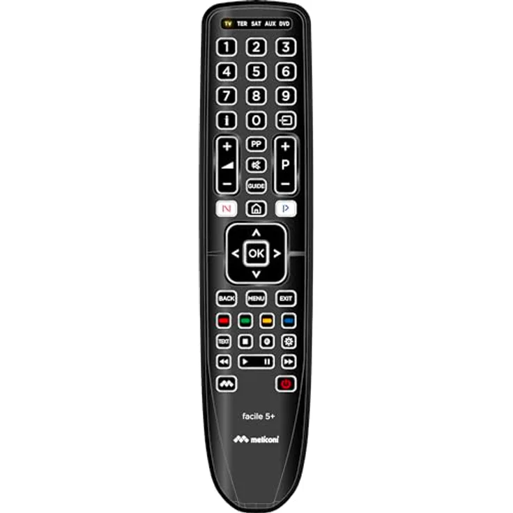 Meliconi Gumbody Facile 5+, Universalfernbedienung für DVD/Blu-ray, Home Audio und Heimkino, mit beleuchteten Tasten, Schwarz