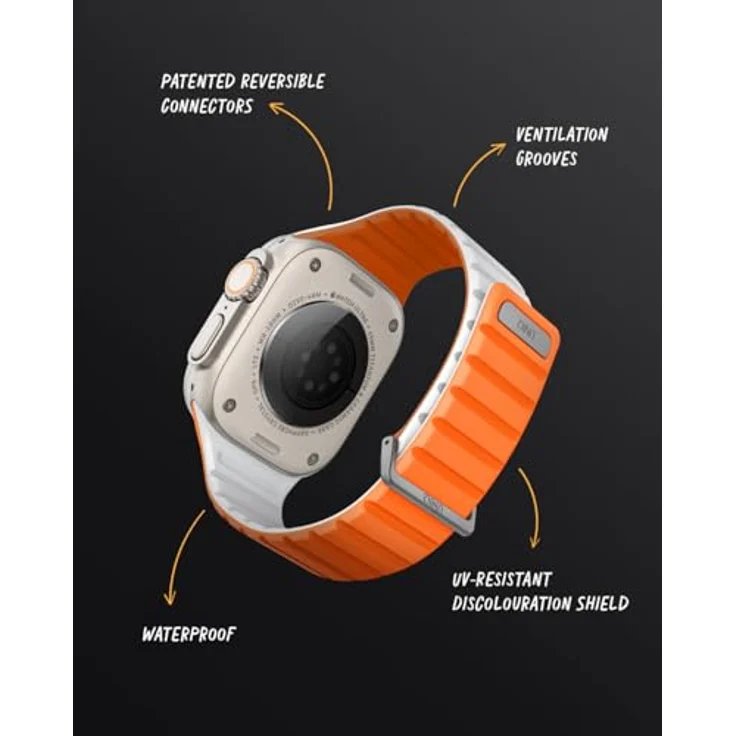 Uniq Revix Evo, Reversibles Uhrenarmband aus Edelstahl und Silikon für Apple Watch Series 1-9/SE/Ultra, 42/44/45/49mm, orange – Bild 6